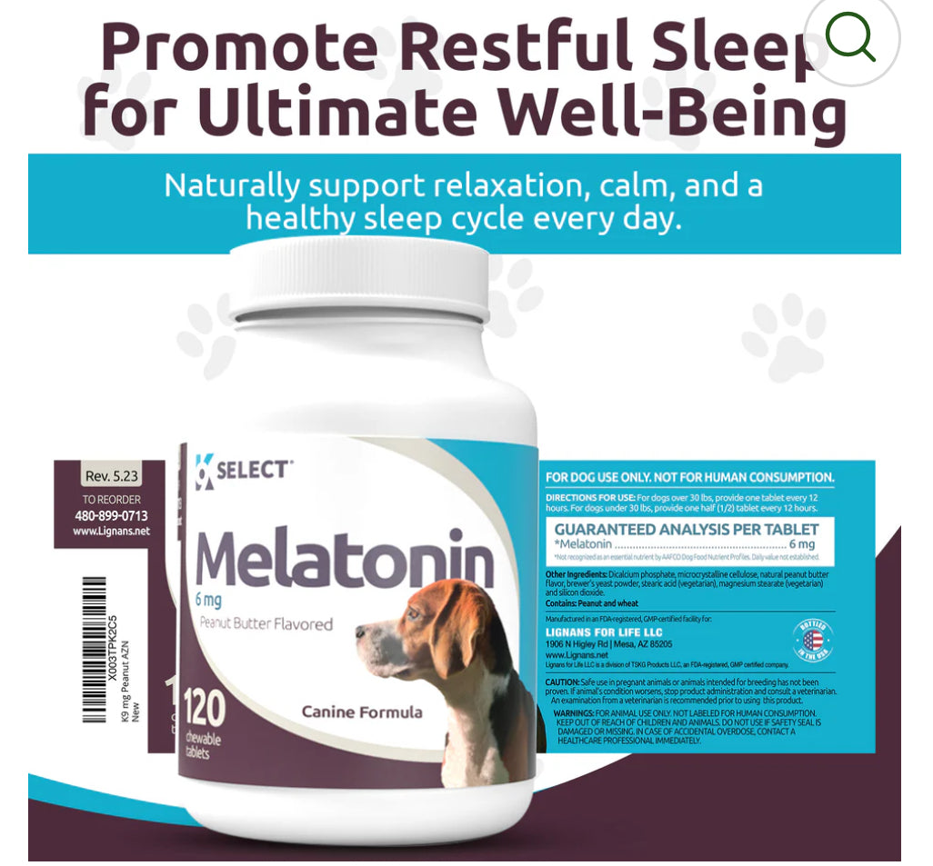K9 Select Melatonin for Dogs 6mg, 120 Tablets Peanut Butter Flavoured