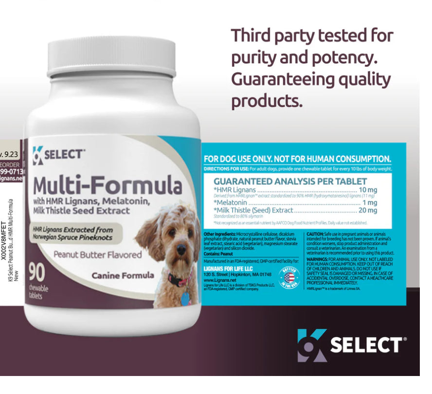 K9 Select Peanut Butter Flavoured Multi-Formula With HMR Lignans and Melatonin for Small Dogs 10mg 90 Tablets