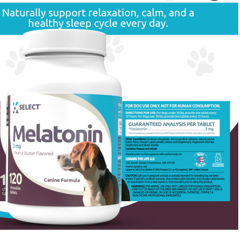 K9 Select Melatonin for Dogs 3mg, 120 Tablets Peanut Butter Flavoured