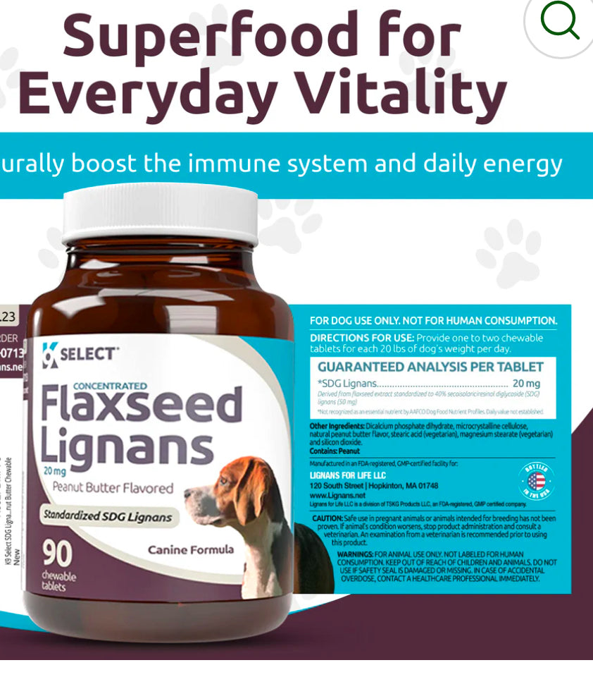 K9 Select Peanut Butter Flavoured Flaxseed Lignans for Dogs 20mg 90 Tablets SDG