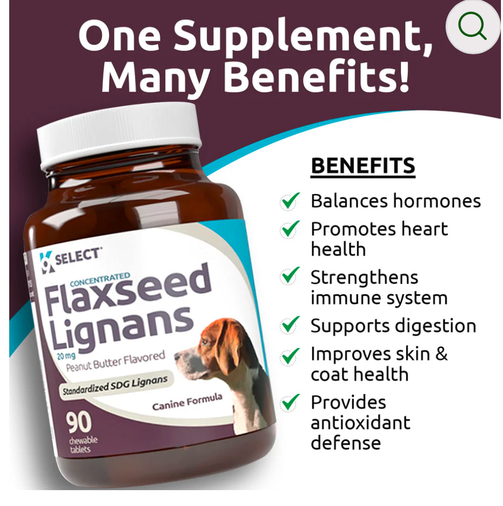 K9 Select Peanut Butter Flavoured Flaxseed Lignans for Dogs 20mg 90 Tablets SDG